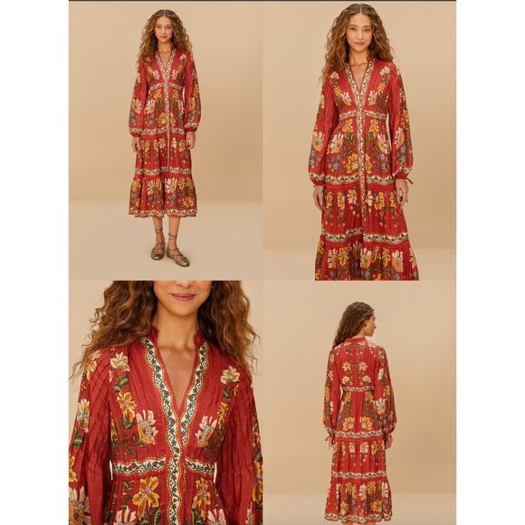 $350 NWT FARM RIO Garden Delight Red Fall Floral Midi Dress – Medium - Picture 1 of 15